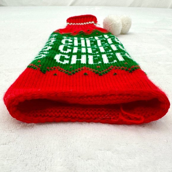 Holiday Wine Bottle Cover Knitted Cheer 14" High Red Green White with Tassels - Picture 4 of 5